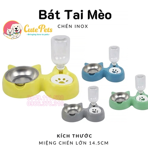 Bát đôi tự động tai mèo kèm chai 500ml HM - Cutepets