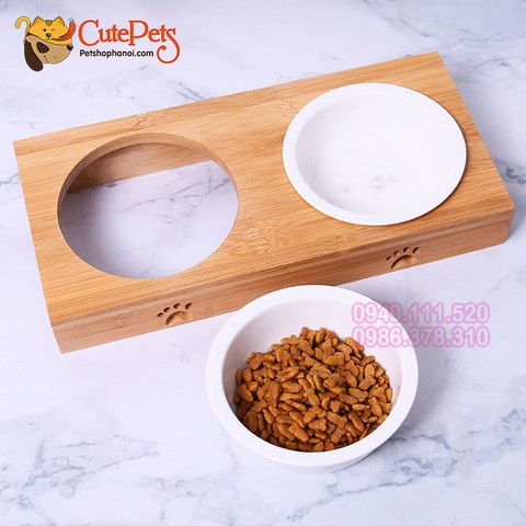 Bát đôi kệ gỗ kèm bát sứ cao cấp chống trơn trượt cho chó mèo - CutePets