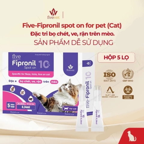 Nhỏ gáy ve rận, bọ chét FIVE Fipronil 0,34ml cho mèo 2-4kg - Cutepets