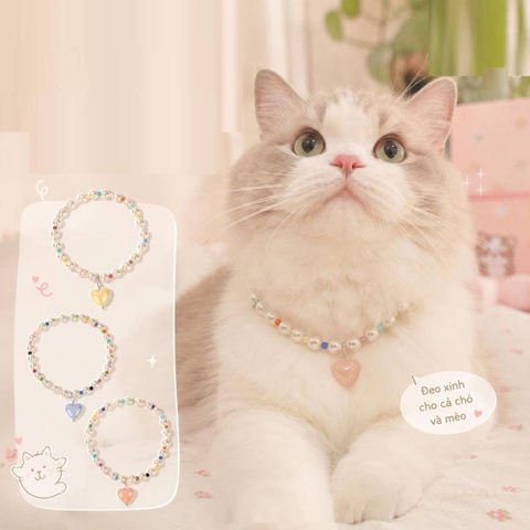 Vòng cổ ngọc trai trắng đính charm trái tim size co dãn - Cutepets