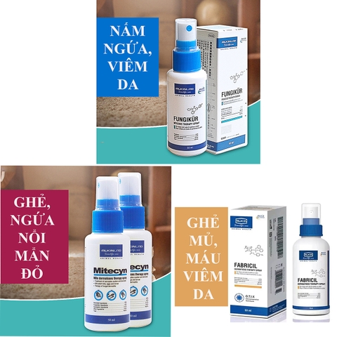 Xịt nấm ghẻ cho chó mèo Mitecyn ,Fungikur,Fabricil 50ml (viêm,ngứa,nổi mẩn ,ghẻ,vảy gàu)