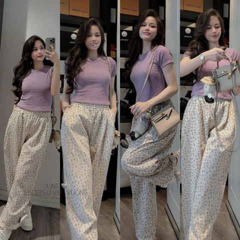 - BỘ NỮ ÁO TÍM XƯỢC NGANG QUẦN HOA BÈO GẤU