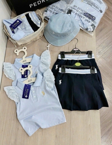 -SET BÉ GÁI ÁO POLO XANH BÈO VAI CVAY ĐEN KÈM MŨ