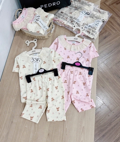 - SET 2 BỘ BÉ GÁI CỔ REN GẤU NÂU HOA hồng be