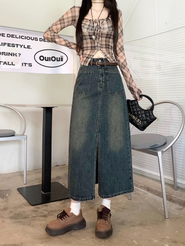 CHÂN VÁY JEAN XANH TÚI XÊ TRƯỚC