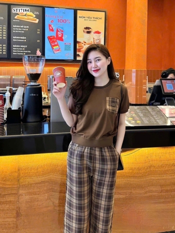 BỘ PHỐI TÚI BB QUẦN KẺ ĐỎ NÂU
