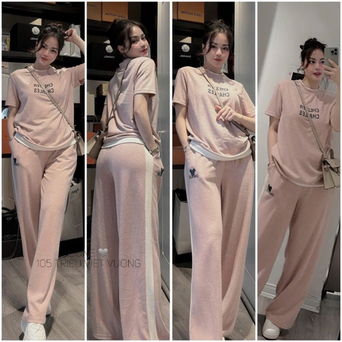 BỘ TĂM ZIP HỒNG CỘC TAY QUẦN SUÔNG CHỮ CHESTER