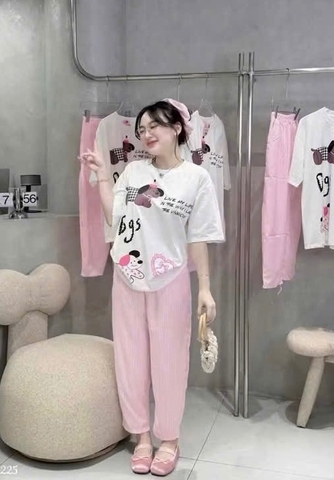 SÉT ÁO PULL CỘC ĐEN TRẮNG HÌNH CÚN QUẦN KẺ HỒNG