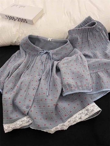 BỘ ĐŨI XÔ MUSLIN CHẤM BI XANH GHI