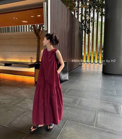 VÂY MIDI XOÈ ĐỎ XÁT NÁCH NỮ