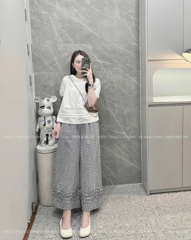 BỘ THÔ TRẮNG PHỐI REN MIX QUẦN KẺ SUÔNG