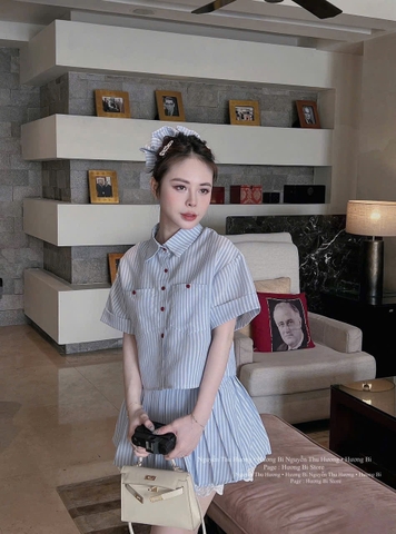 SET ÁO SƠ MI KẺ XANH MIX CV LY KÈM BUỘC TÓC