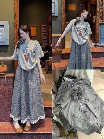 SET ÁO GHI HÌNH CÚN MIX CV KẺ PHỐI REN