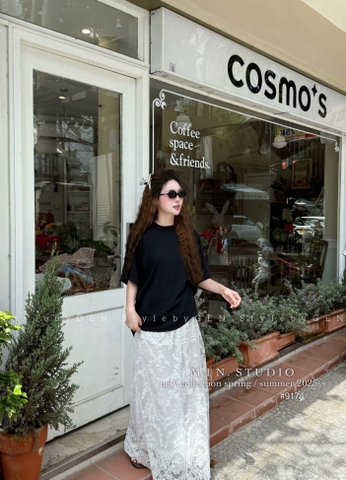 SET ÁO CỘC ĐEN TRƠN MIX CV REN TRẮNG MIDI