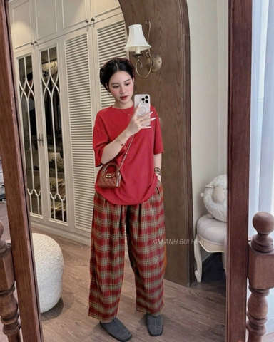 BỘ CỘC ĐỎ QUẦN KẺ SUÔNG KÈM BUỘC TÓC