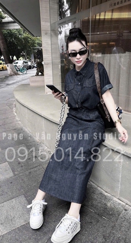 SET BÒ DENIM ÁO SƠ MI BO GẤU CVAY DÀI