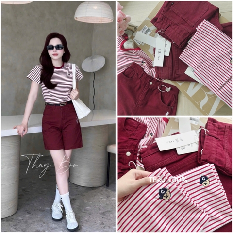 SET ÁO KẺ MIX SOOC JEAN ĐỎ THÊU NGỰA