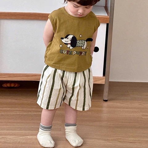 - BỘ ĐÙI BÉ TRAI ÁO NÂU CỐM CHÓ CUTE PUPPY QUẦN SỌC