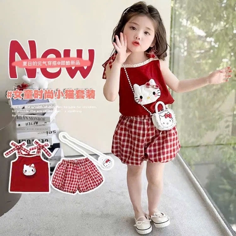 - BỘ BÉ GÁI 2S KITTY NỔI QUẦN KẺ PHỒNG