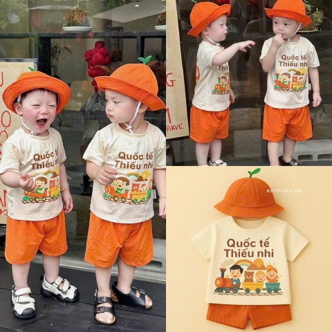 (Hàng chờ)- BỘ ĐÙI BÉ QUẦN CAM Quốc tế thiếu nhi KÈM MŨ