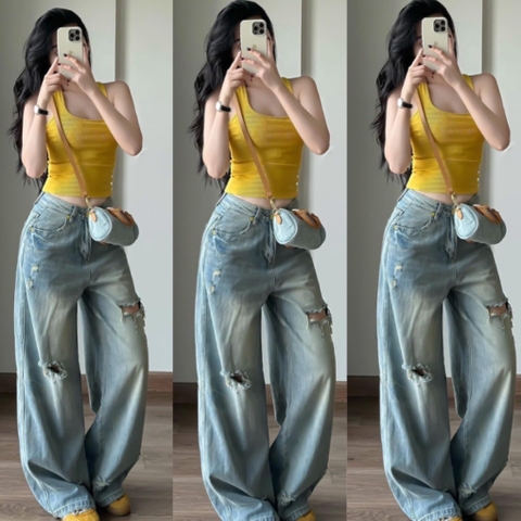 QUẦN JEAN SUÔNG RÁCH XANH MÁC DA VÀNG