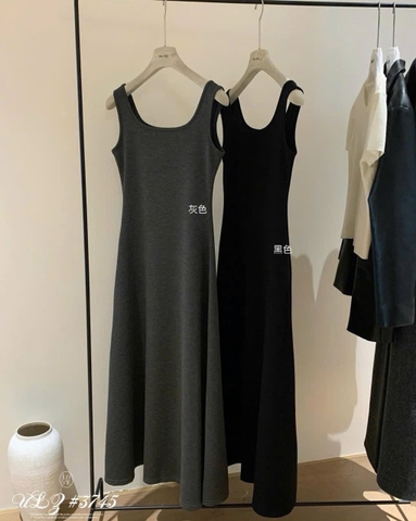 HÀNG QCCC - VÁY MAXI 2S CỔ VUÔNG QC ĐEN GHI