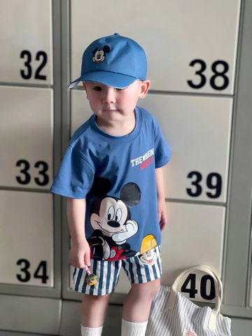 BỘ ĐÙI MICKY XANH QUẦN KẺ KEM MŨ