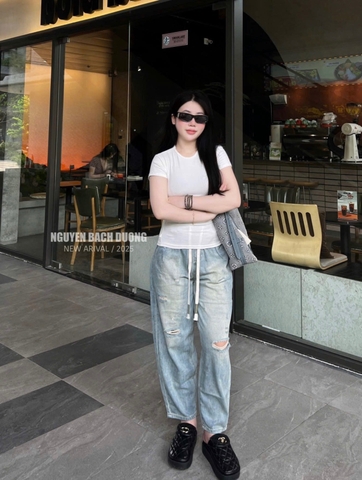 QUẦN JEAN BAGGY XANH RÁCH GỐI BUỘC DÂY