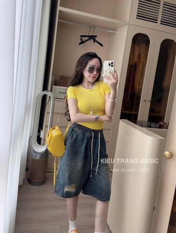 QUẦN SOOC JEAN XANH ĐẬM CẠP CHUN RÁCH GỐI -