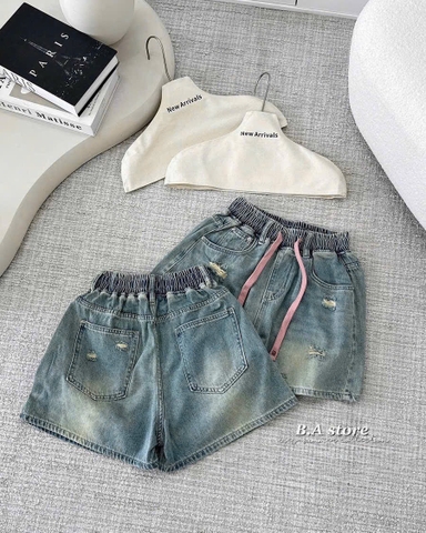 QUẦN SOOC JEAN XANH RÁCH DÂY HỒNG