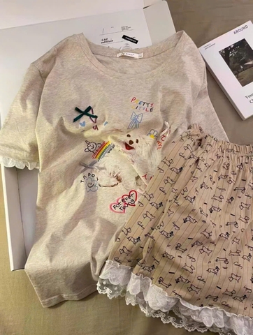 - BỘ ĐÙI NỮ ÁO BE CHÓ ĐÍNH NƠ QUẦN NÂU REN