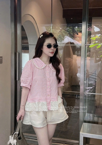 SET ÁO SƠ MI KẺ HỒNG PHỐI REN MIX QUẦN SOOC TRẮNG