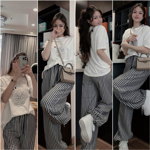 - BỘ NỮ ÁO TRẮNG MICKEY ON DAY QUẦN SUÔNG KẺ