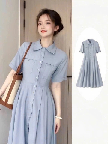 VÁY XANH XẾP LY TÚI NGỰC DÁNG DÀI