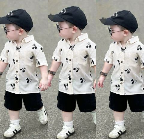 - BỘ BÉ TRAI ÁO SƠ MI MICKEY QUẦN BÒ ĐEN