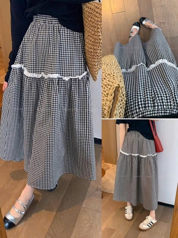 CHÂN VÁY KẺ CARO PHỐI REN TẦNG