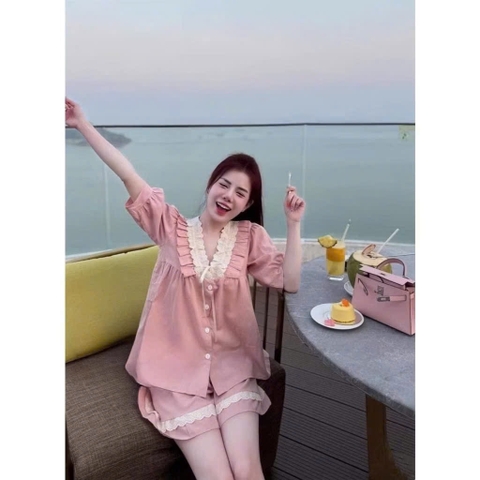 BỘ ĐŨI NỮ HỒNG CỔ V PHỐI REN TRẮNG