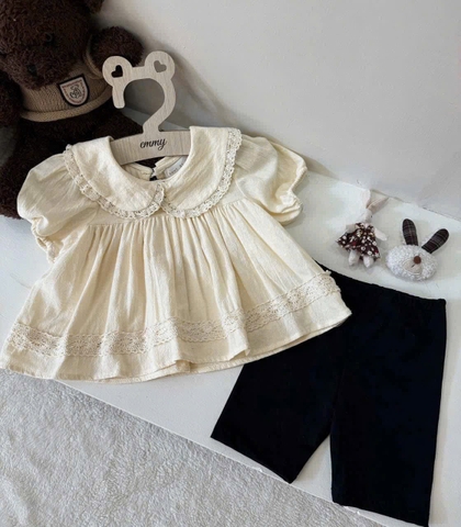 - BỘ BÉ GÁI ÁO BE BABYDOLL REN CỔ SEN QUẦN ĐEN