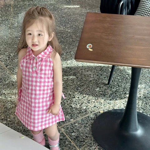 -VÁY BÉ GÁI KẺ CARO HỒNG SÁT NÁCH