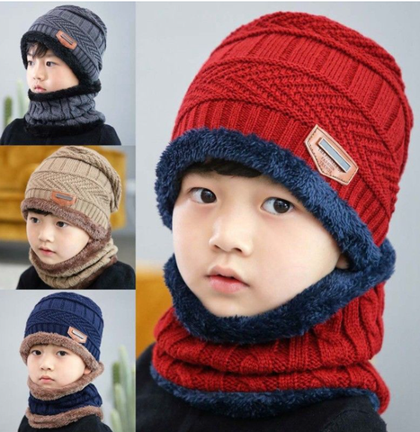 Bộ mũ len kèm khăn choàng cổ lót lông giữ ấm cho nam, nữ, bé trai, bé gái