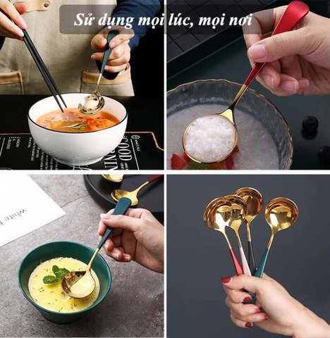 Set 4 Thìa inox (ăn cơm, cà phê...) mạ vàng tròn cán dài nhiều màu sang trọng