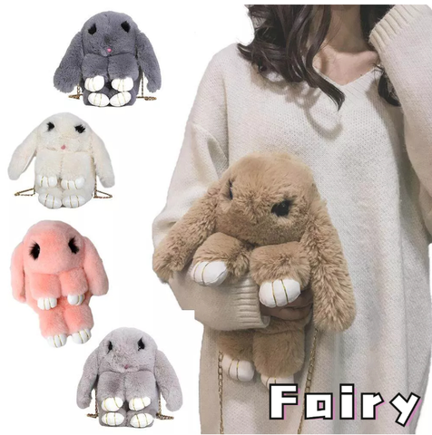 Túi đeo chéo kiêm Balo hình thỏ siêu cute, lông mềm mượt có khóa kéo miệng phối dây xích