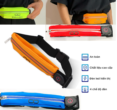 Túi đeo hông chạy bộ thể thao, túi vải cao cấp co dãn cực tốt, 3 chế độ đèn led tiện lợi