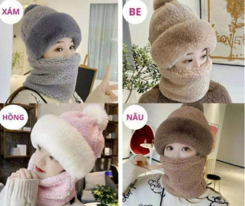 Mũ khăn mông cổ phủ lông dày dặn chống gió, giữa ấm, thời trang mùa đông (nón len lông cừu) mũ len kèm khăn