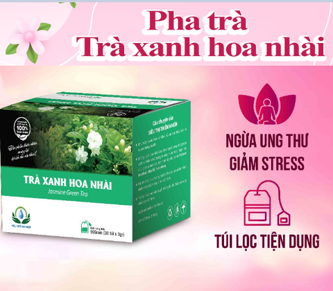 Trà xanh hoa nhài hộp 30 Túi Lọc x 3Gram chống lão hóa, ổn định huyết áp, giảm cân, đẹp da