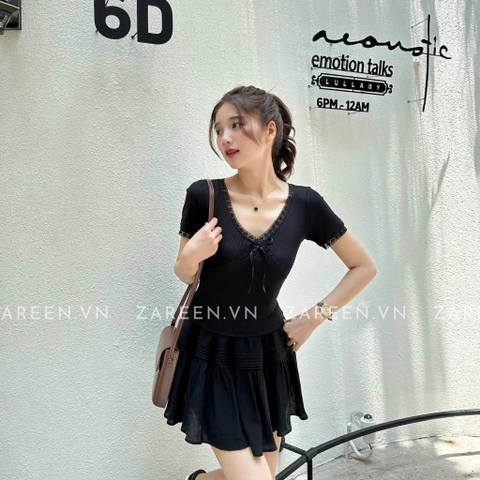 ÁO THUN CROPTOP CỔ V PHỐI REN ZAREEN THU163