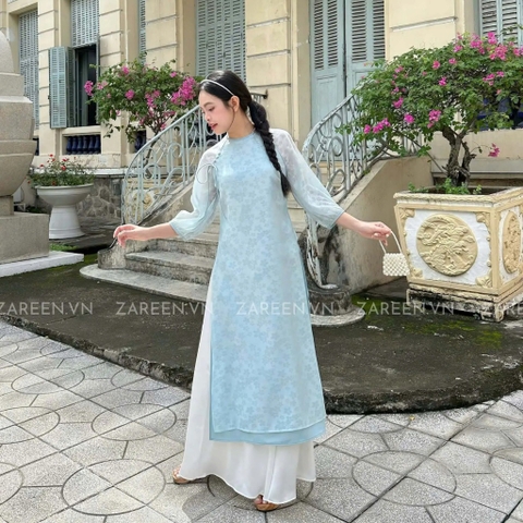 ÁO DÀI ÁI KHUÊ TƠ HOA TAY PHỒNG ZAREEN ADI06