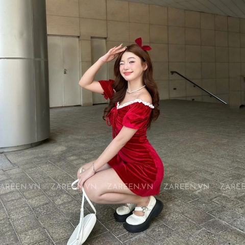 ĐẦM NHUNG CỔ VUÔNG THẮT NƠ ZAREEN DAX58