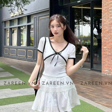 ÁO THUN CROPTOP CỔ V PHỐI REN ZAREEN THU163