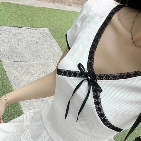 ÁO THUN CROPTOP CỔ V PHỐI REN ZAREEN THU163